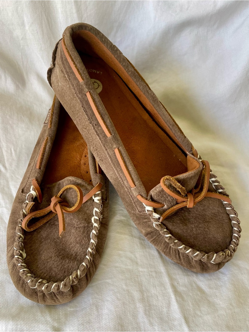 Lamo Chestnut Brown Suede Moccasin with Tan Lace Accent